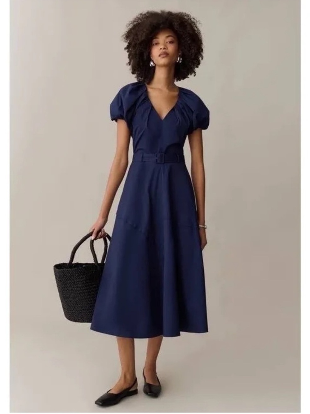 O.P.T. Vivianne Navy Blue Puff Sleeve Belted Cotton Midi Dress in Navy New